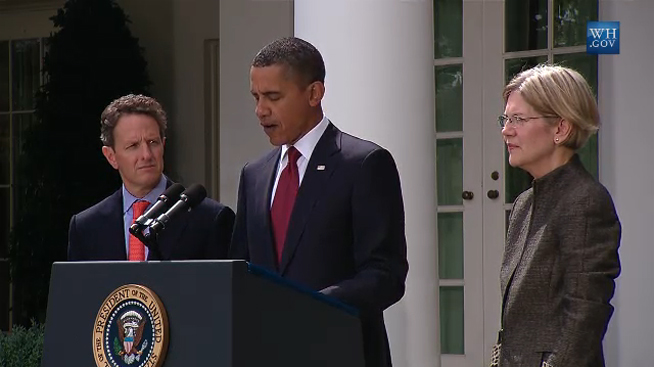 Treasury Secretary Timothy Geithner, President Barack Obama, and Elizabeth Warren