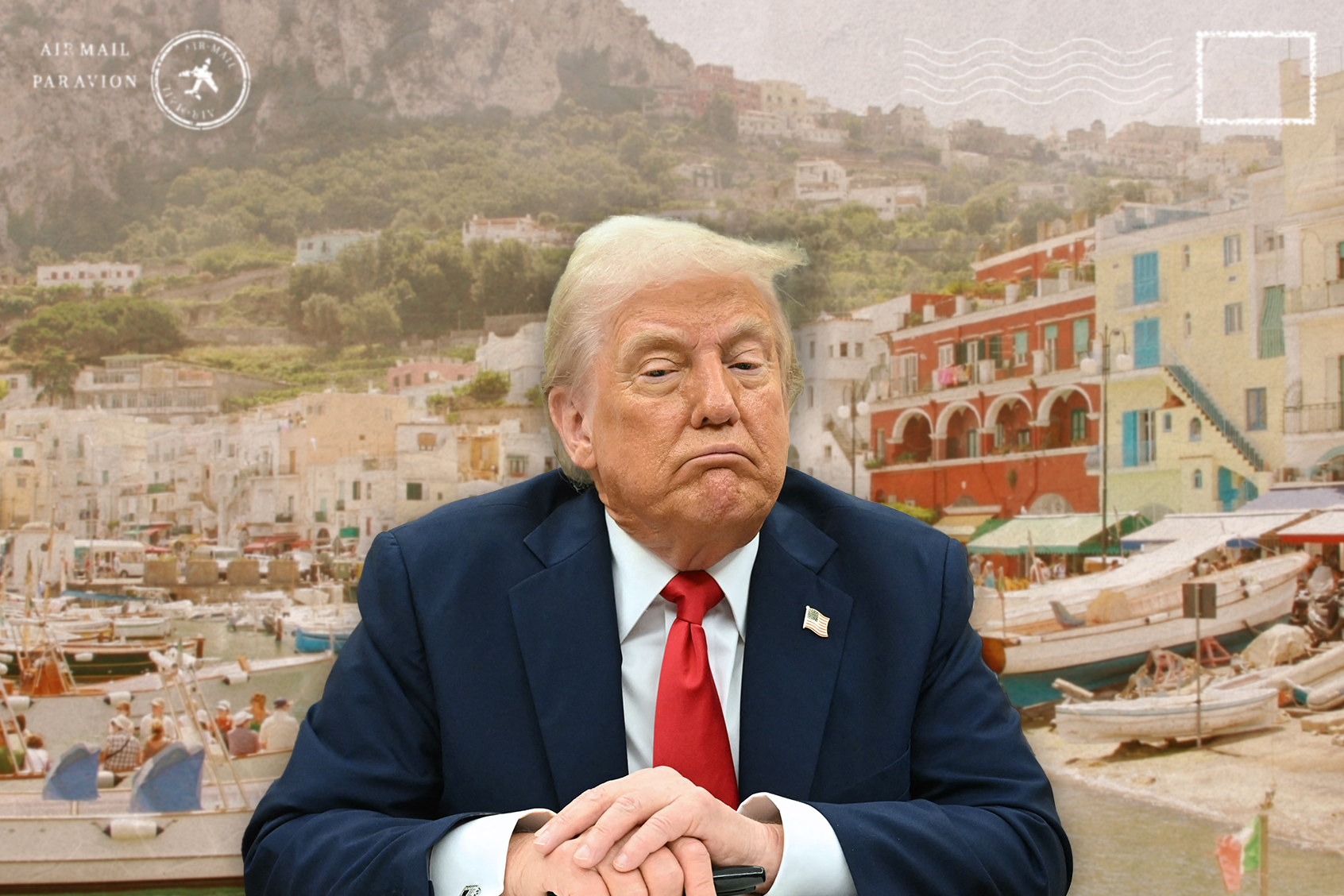 Trump frowning in front of a postcard of Positano, Italy. (Photo Illustration by Salon / Getty Images)