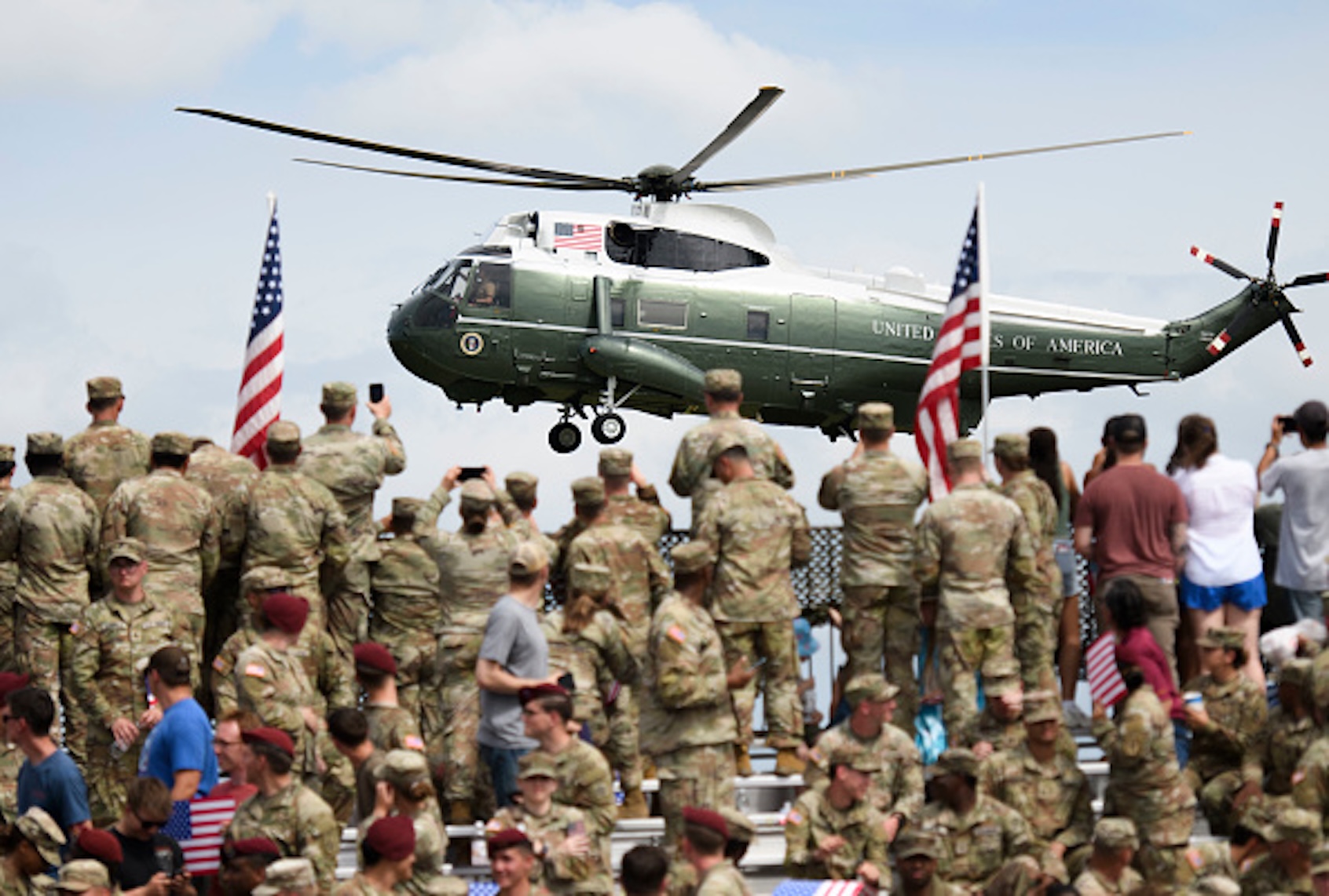 Donald Trump arrives on Marine One to speak at a rally with U.S. Army troops on June 10, 2025 at Fort Bragg, North Carolina. (Melissa Sue Gerrits/Getty Images)